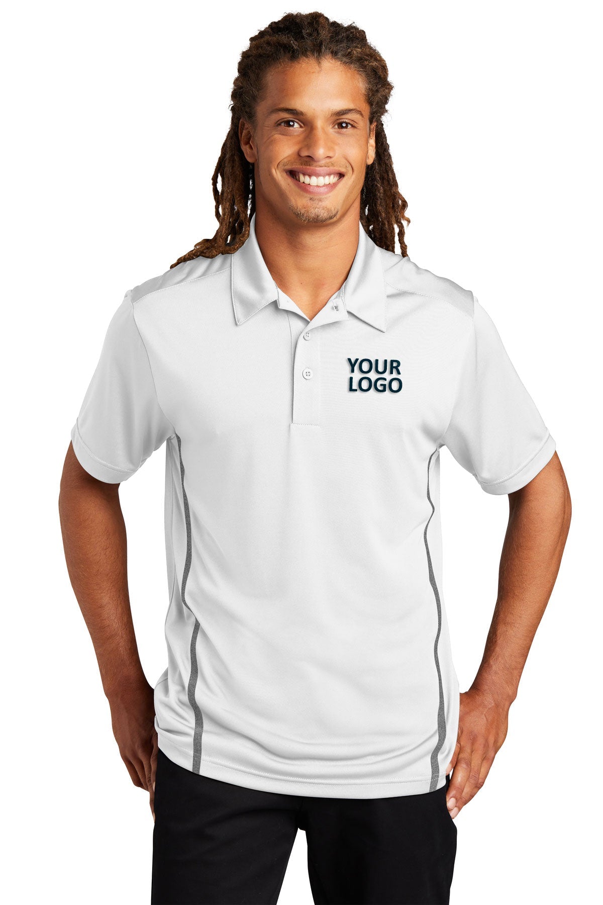 Sport-Tek Contrast PosiCharge Custom Tough Polos, White/ Heather Grey
