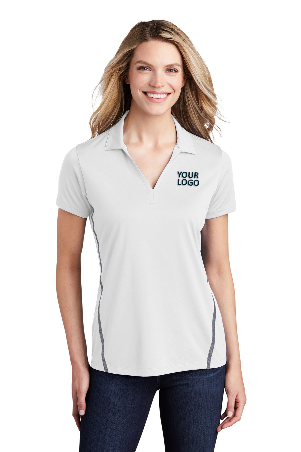 Sport-Tek Ladies Contrast PosiCharge Customized Tough Polos, White/ Heather Grey