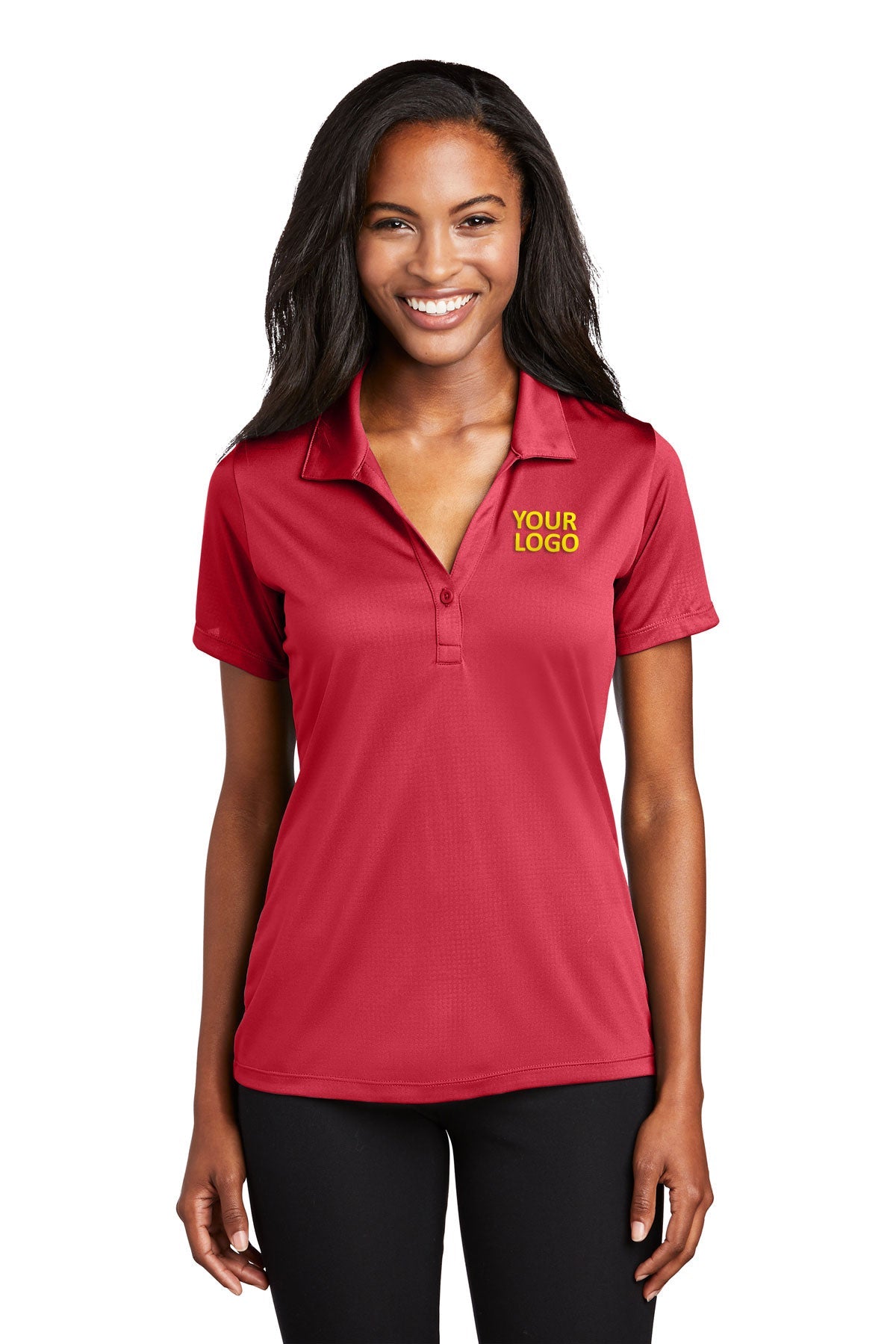 Sport-Tek Deep Red LST630 polo shirts with custom logos