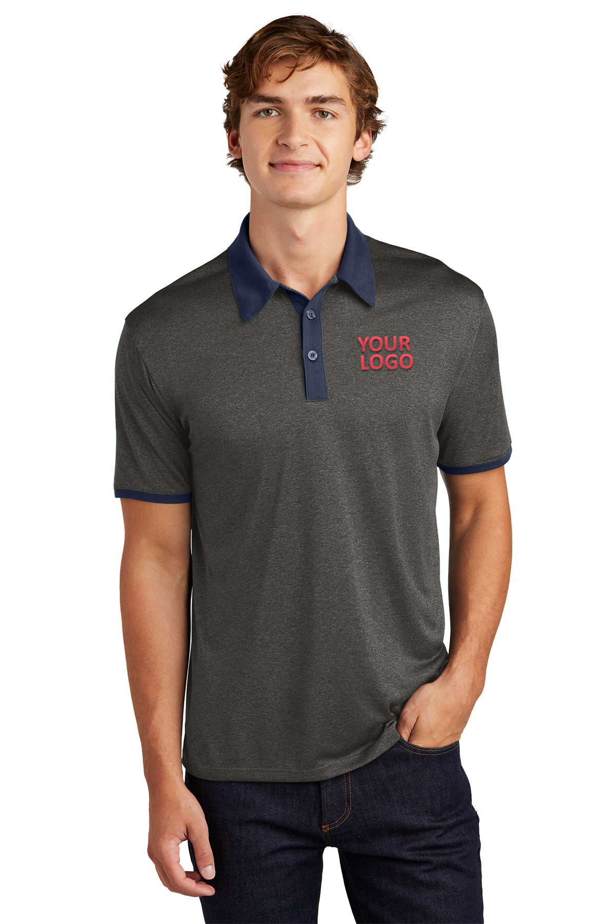 Sport-Tek Heather Contender Contrast Branded Polos, Graphite Heather/ True Navy