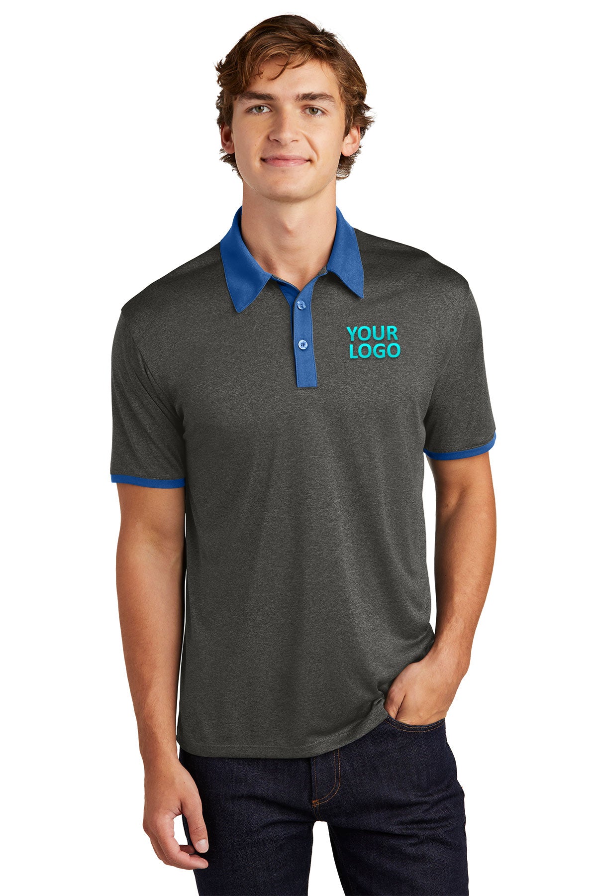 Sport-Tek Graphite Heather/ True Royal ST667 polo work shirts with company logo