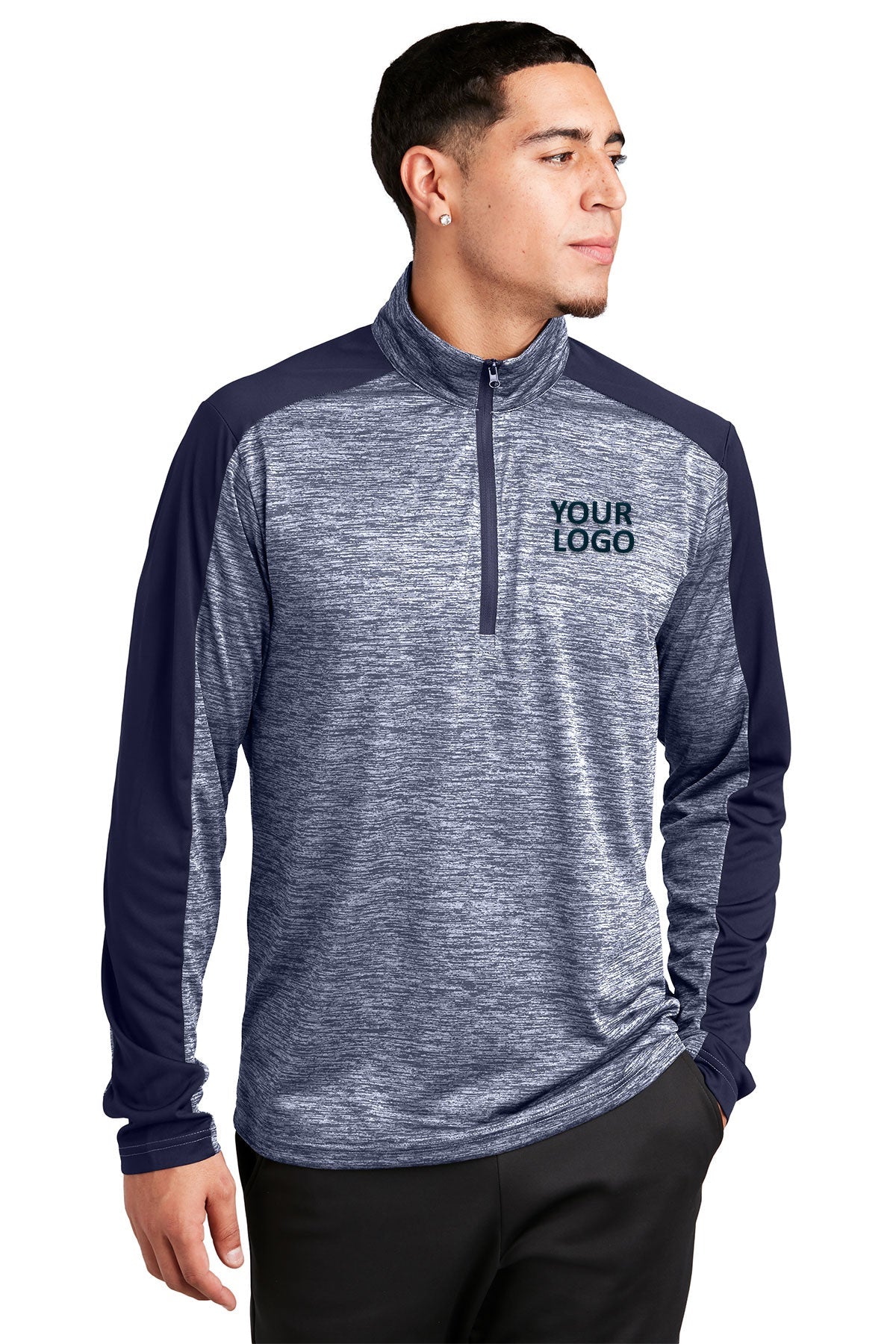 Sport-Tek PosiCharge Electric Heather Colorblock Customized 1/4-Zip Pullovers, True Navy Electric/ True Navy