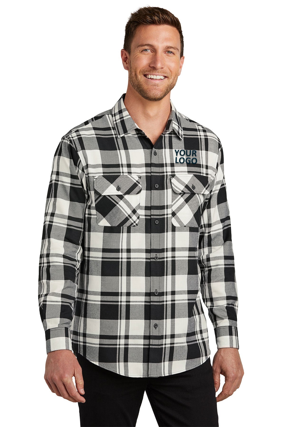 Port Authority Snow White/ Black W668 embroidered work shirts