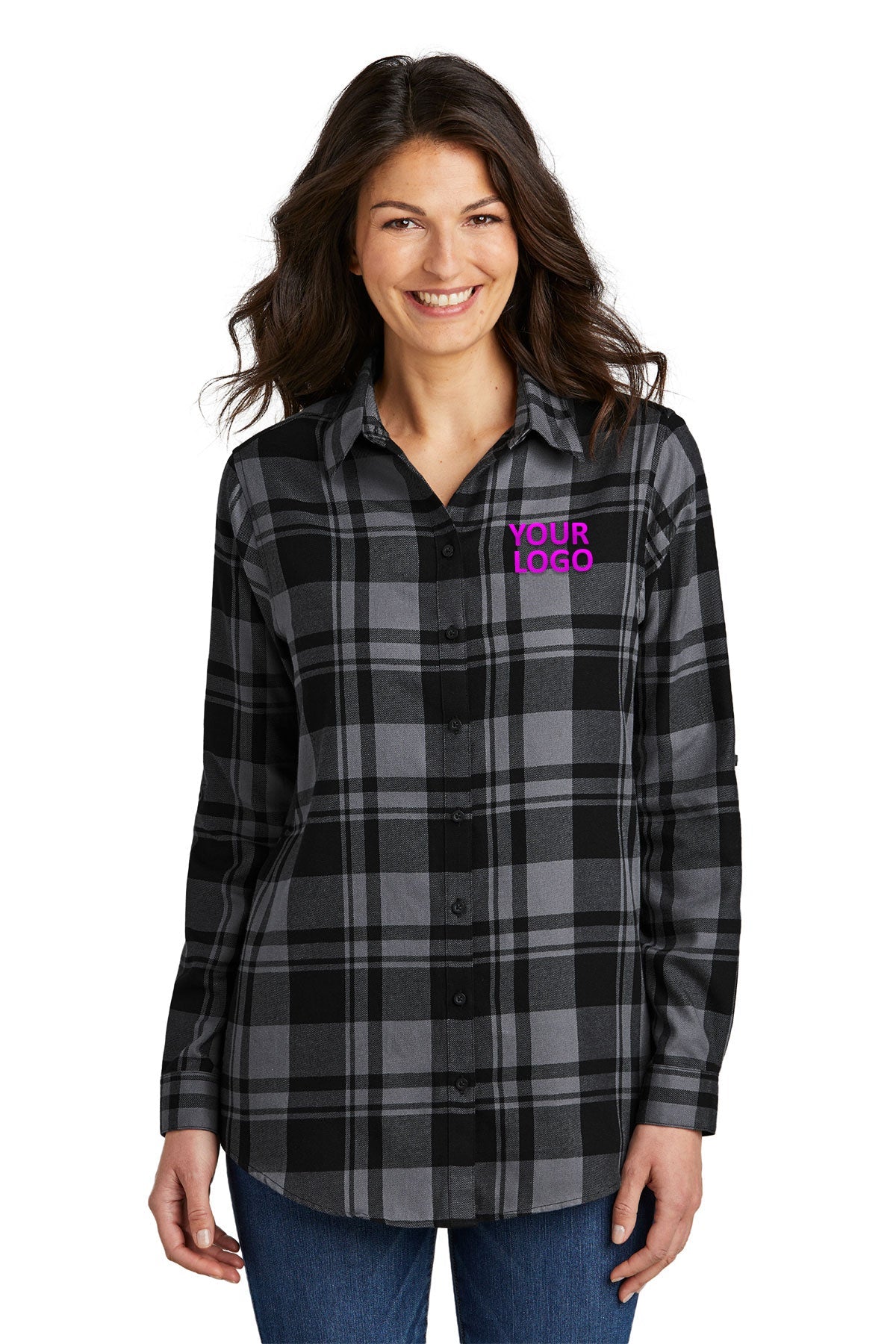 Port Authority Ladies Plaid Flannel Branded Tunics, Grey/ Black [Dunbar]