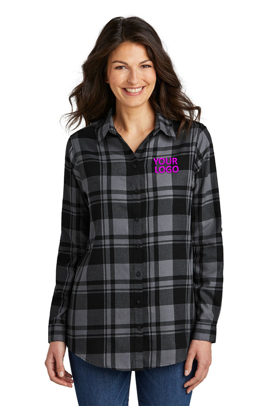 Port Authority Ladies Plaid Flannel Branded Tunics, Grey/ Black [Dunbar]