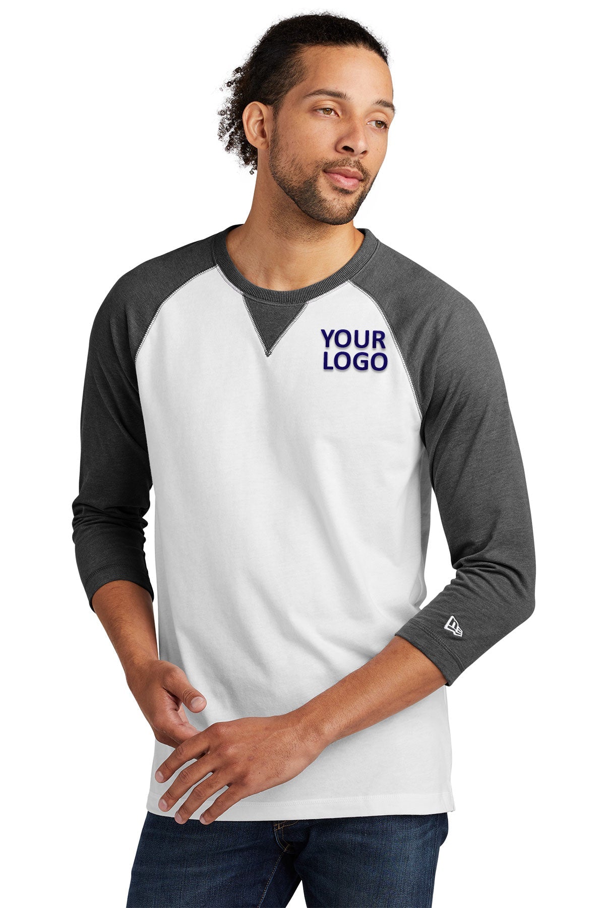 New Era Sueded Cotton 3/4-Sleeve Printed Tee's, Black Heather/ White