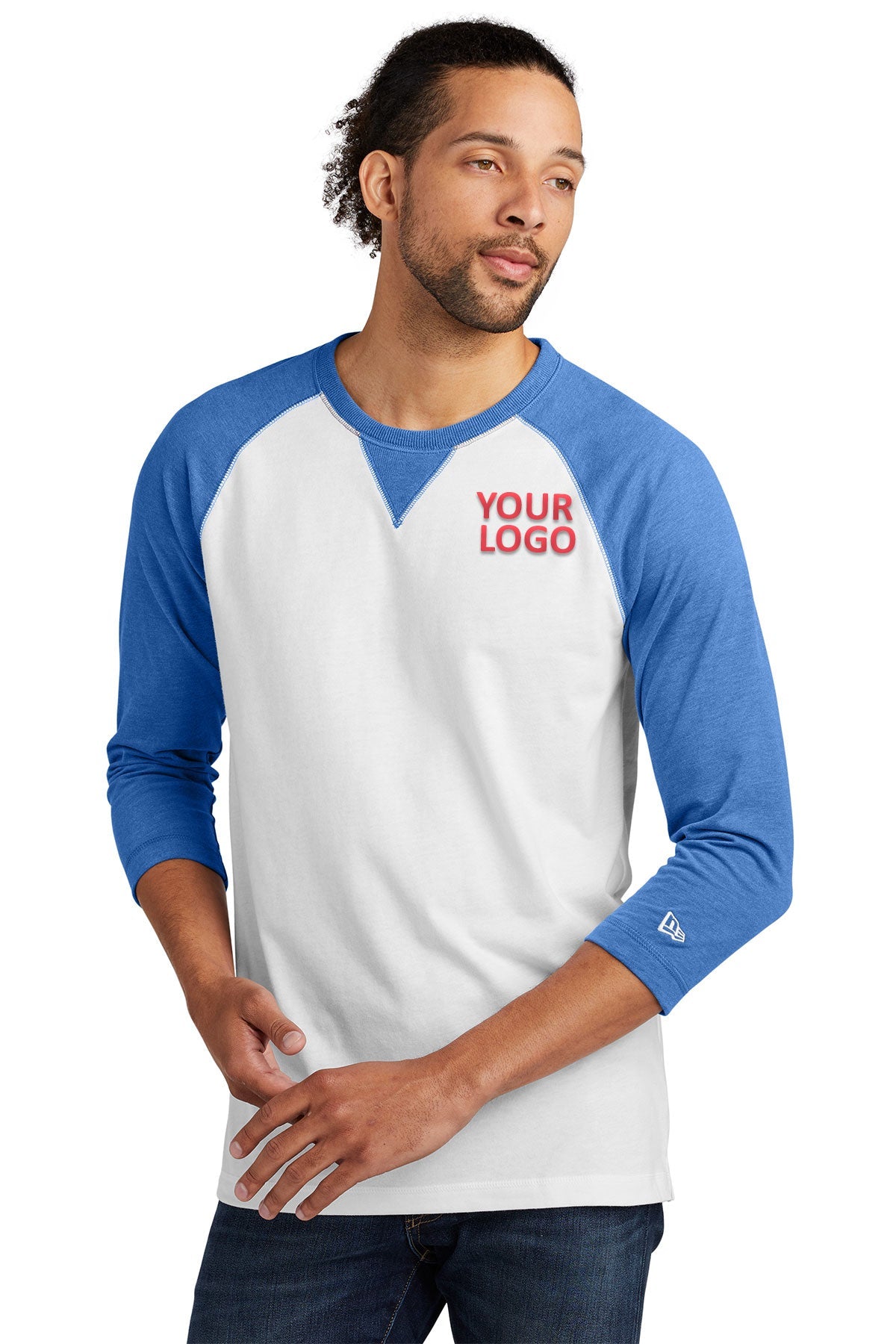 New Era Sueded Cotton 3/4-Sleeve Printed Tee's, Royal Heather/ White