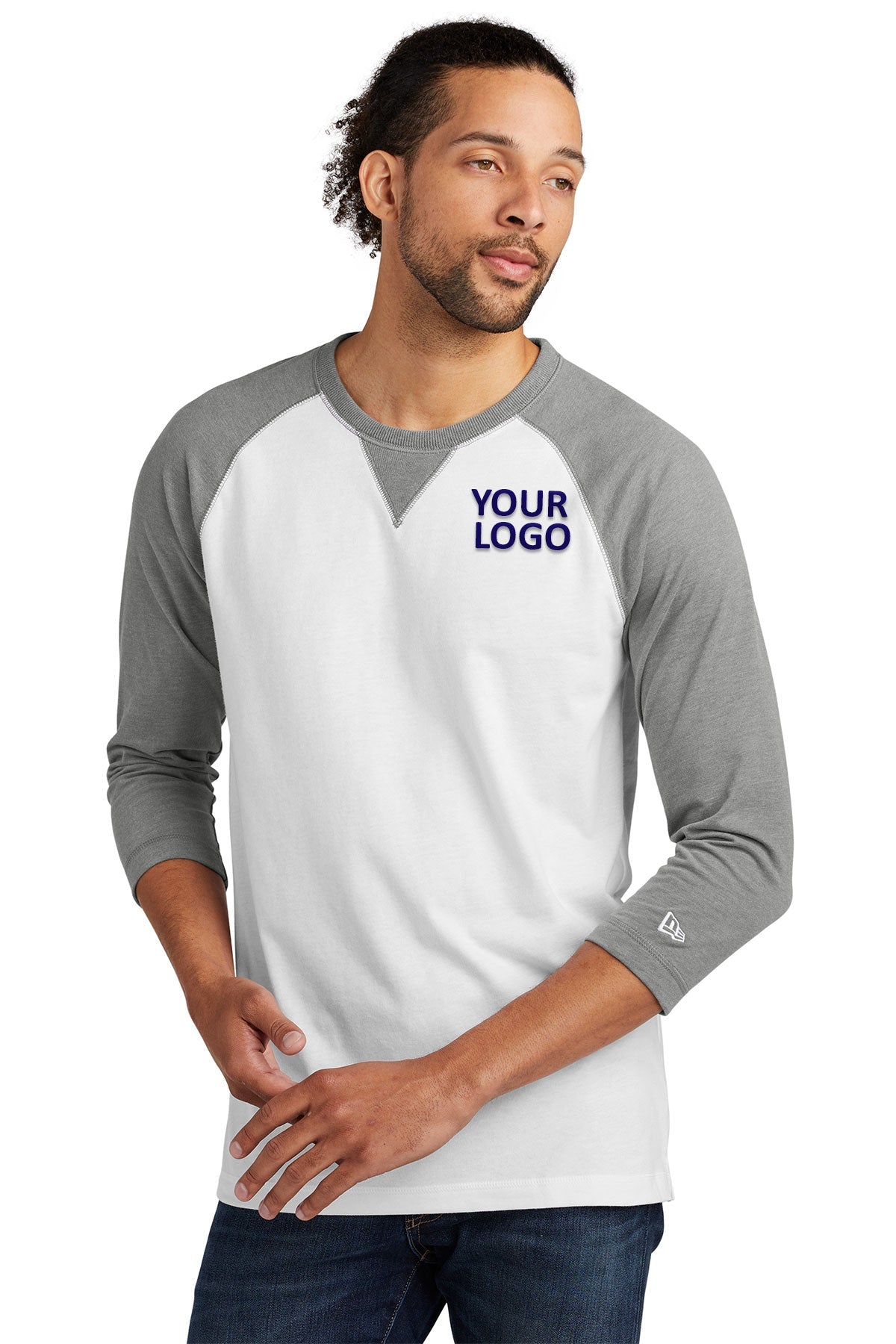 New Era Sueded Cotton 3/4-Sleeve Printed Tee's, Shadow Grey Heather/ White