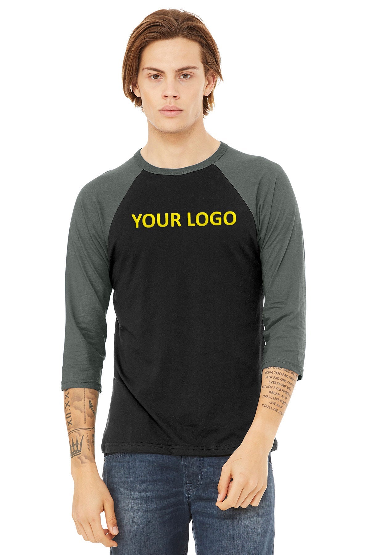 bella + canvas unisex 3/4-sleeve baseball t-shirt 3200 black/ deep hthr