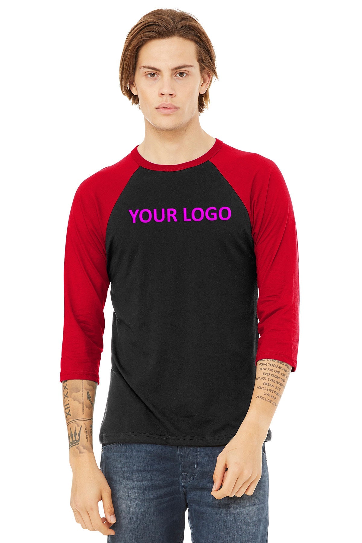 bella + canvas unisex 3/4-sleeve baseball t-shirt 3200 black/ red