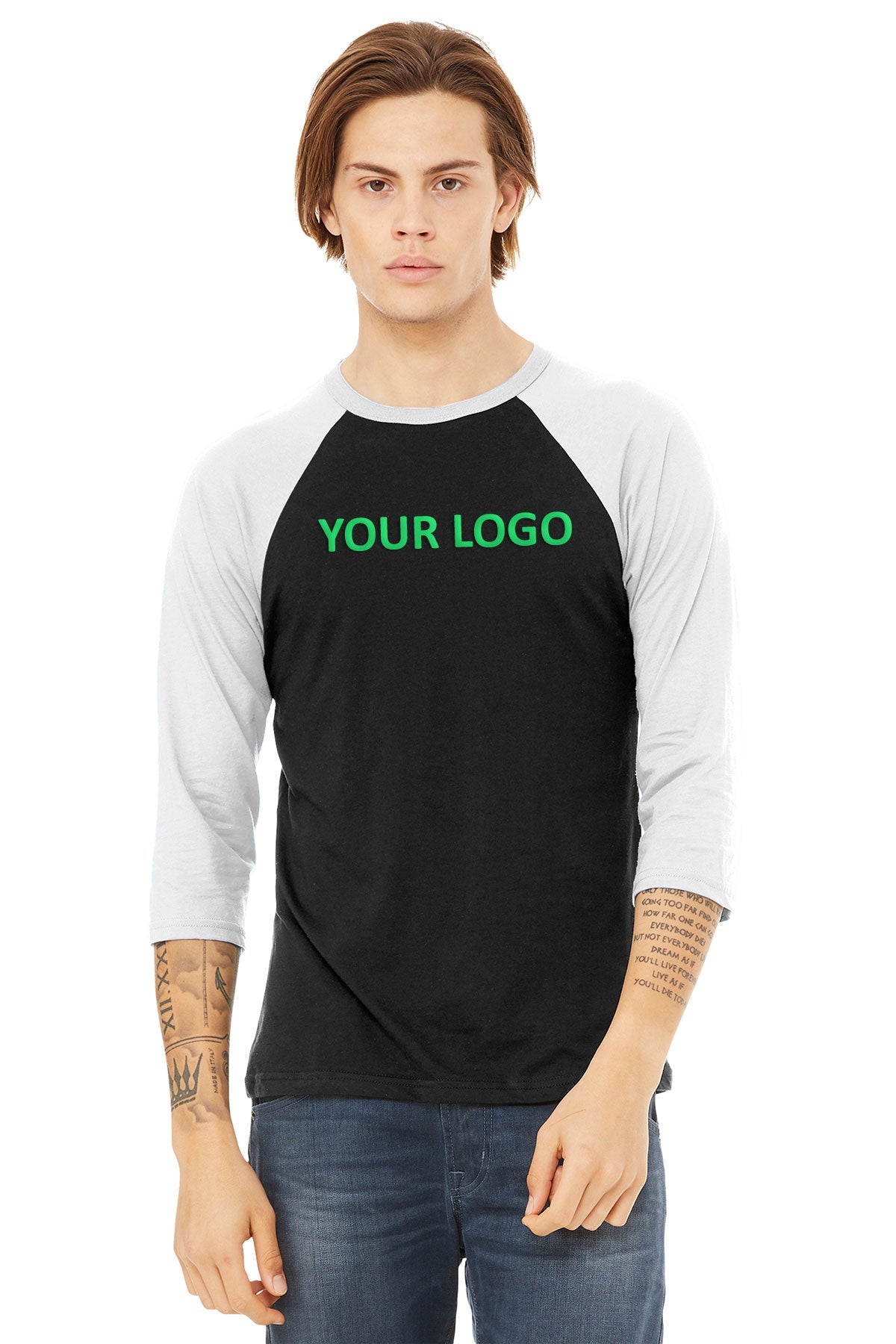 bella + canvas unisex 3/4-sleeve baseball t-shirt 3200 black/ white