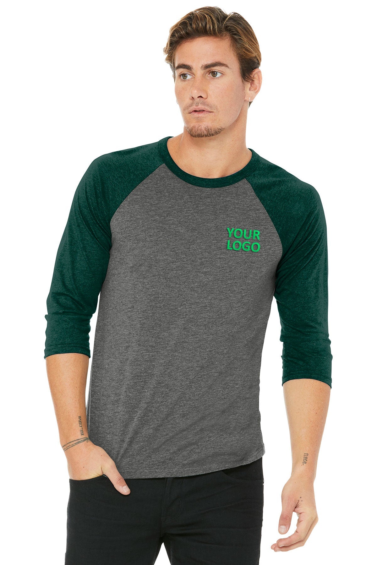 bella + canvas unisex 3/4-sleeve baseball t-shirt 3200 grey/ emerld trb