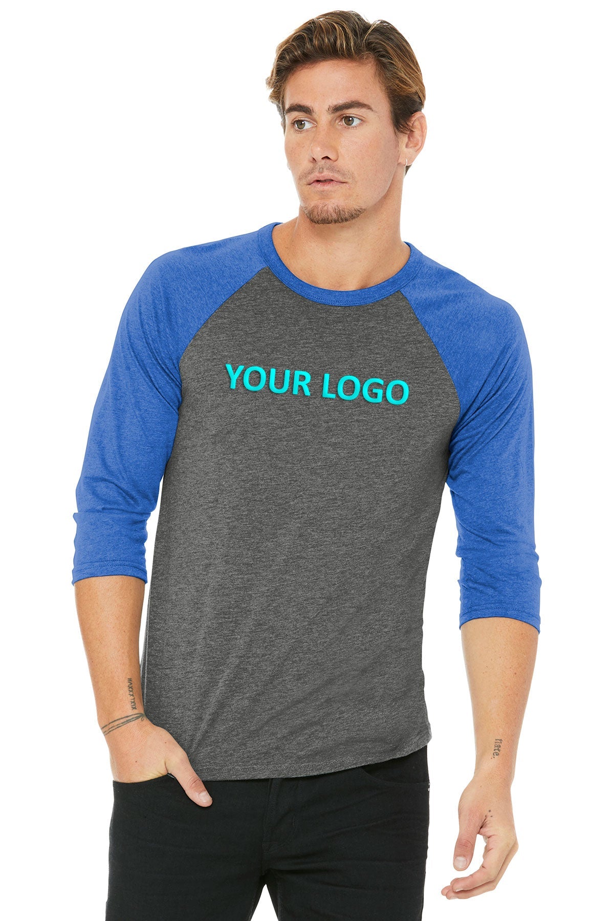 bella + canvas unisex 3/4-sleeve baseball t-shirt 3200 grey/ tr ryl trb