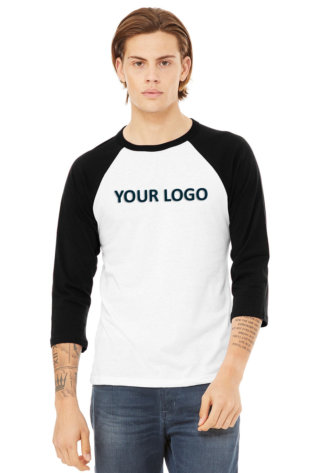 bella + canvas unisex 3/4-sleeve baseball t-shirt 3200 white/ black