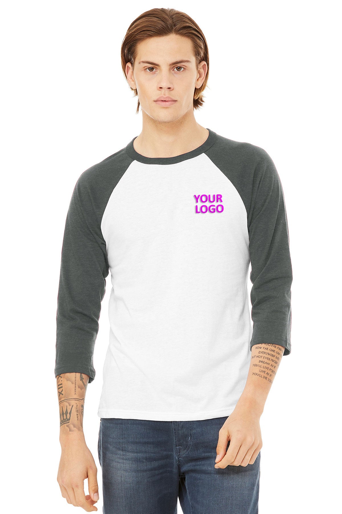 Bella Canvas Unisex 3/4-Sleeve Baseball T-Shirt, White/ Deep Heather [Better World Books]