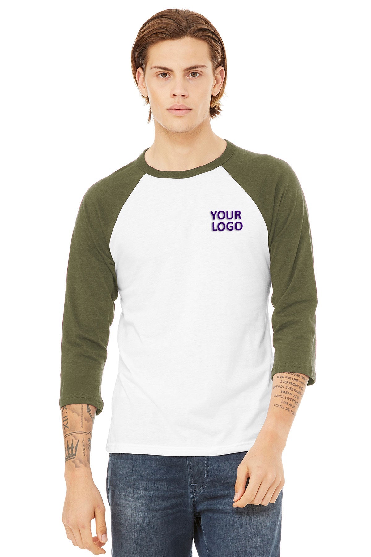 bella + canvas unisex 3/4-sleeve baseball t-shirt 3200 wht/ hthr olive