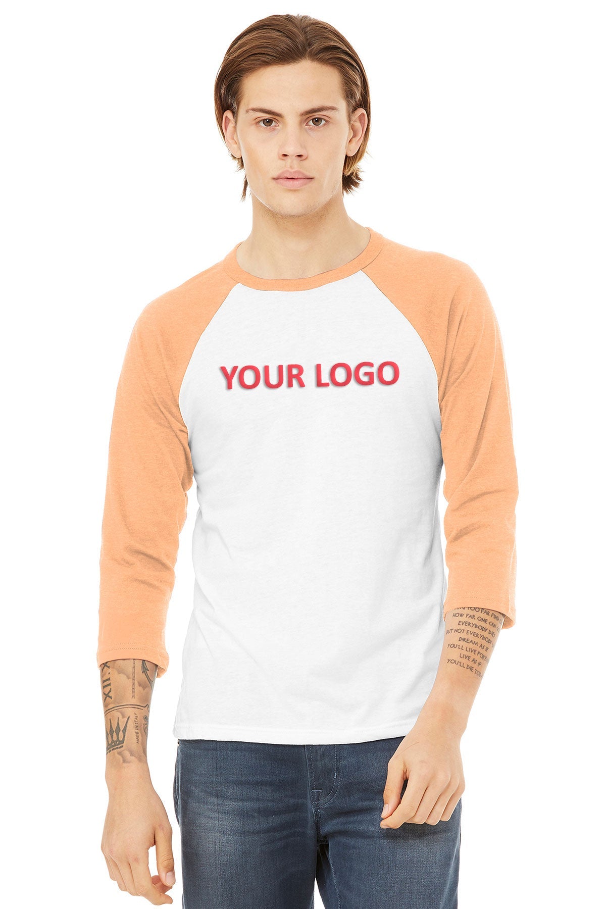 bella + canvas unisex 3/4-sleeve baseball t-shirt 3200 wht/ hthr peach