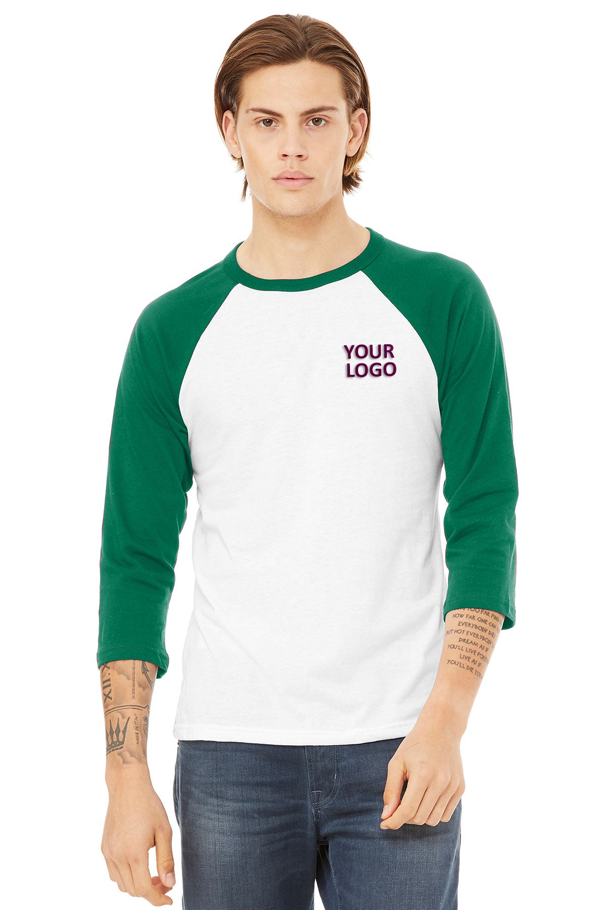 bella + canvas unisex 3/4-sleeve baseball t-shirt 3200 white/ kelly
