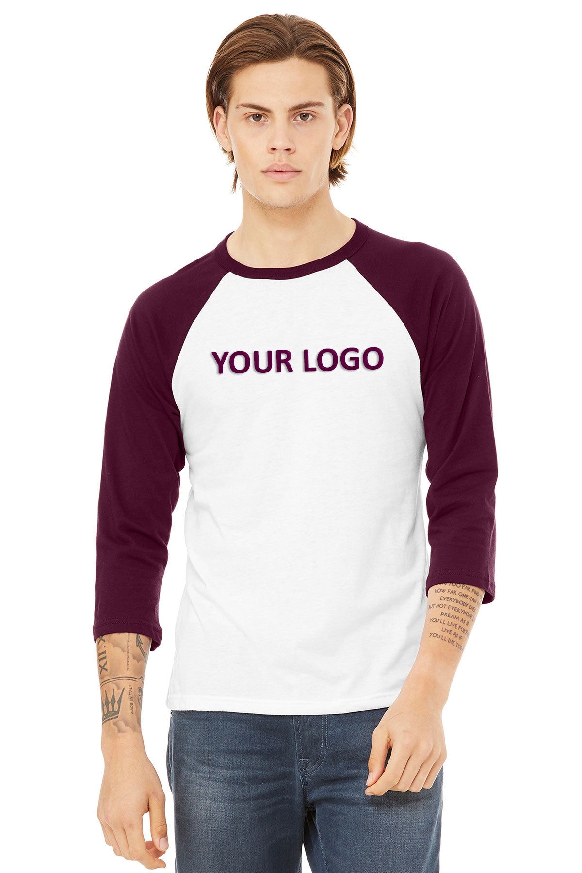 bella + canvas unisex 3/4-sleeve baseball t-shirt 3200 white/ maroon