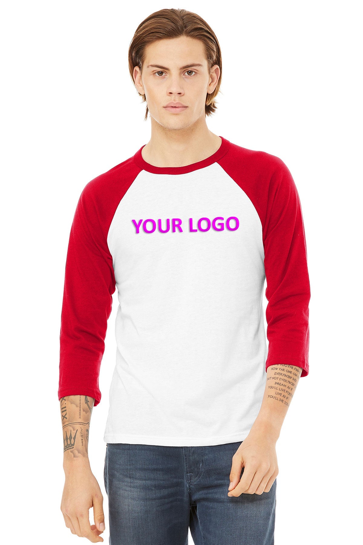 bella + canvas unisex 3/4-sleeve baseball t-shirt 3200 white/ red