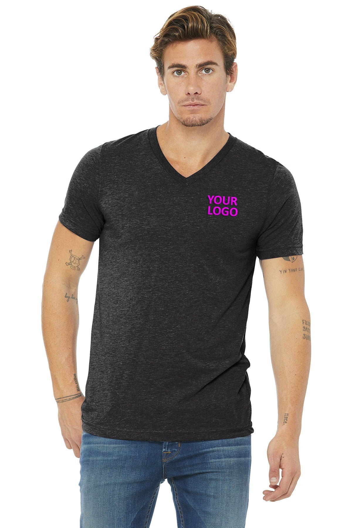 bella + canvas unisex triblend short sleeve v-neck t-shirt 3415c char-black trib