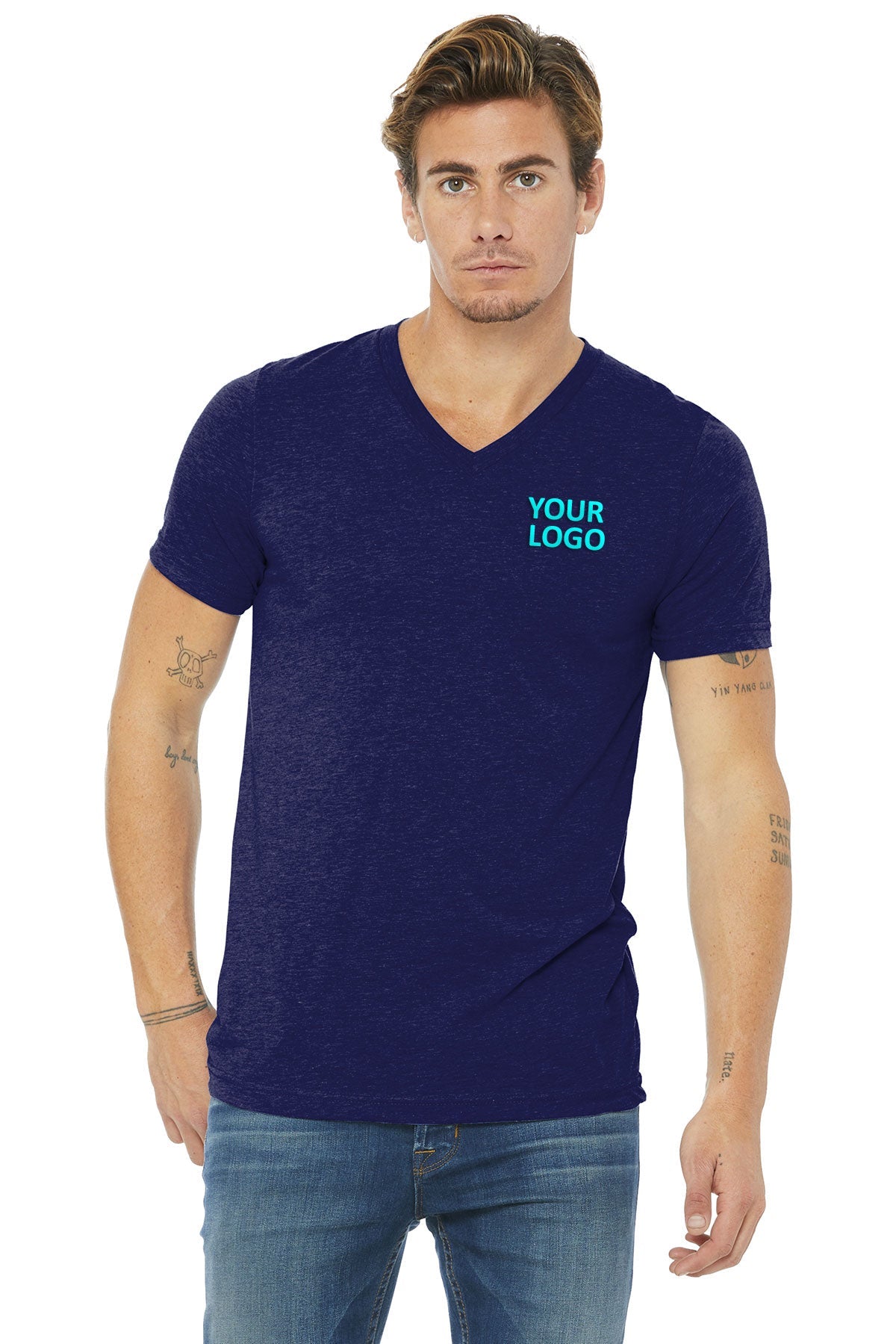 bella + canvas unisex triblend short sleeve v-neck t-shirt 3415c navy triblend