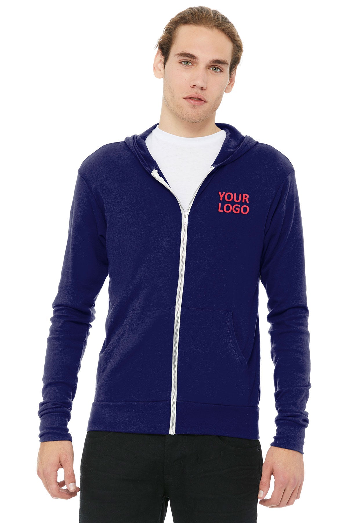 Bella + Canvas Navy Triblend 3939 embroidered sweatshirts for business