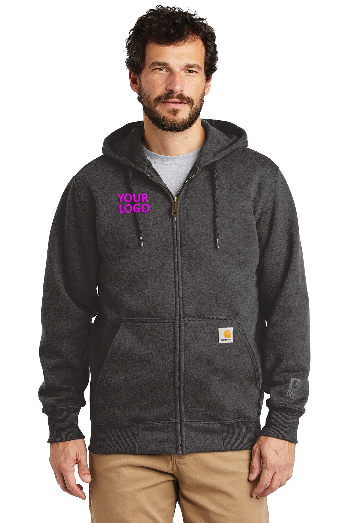 Custom Carhartt Rain Defender Paxton Heavyweight Hooded Zip-Front Sweatshirt CT100614 Carbon Heather