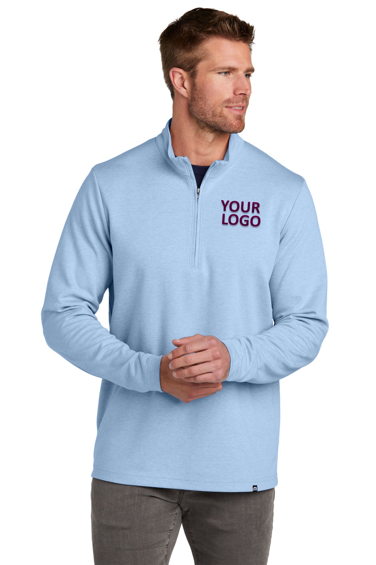 TravisMathew Coveside Branded Quarter Zips, Light Blue Heather