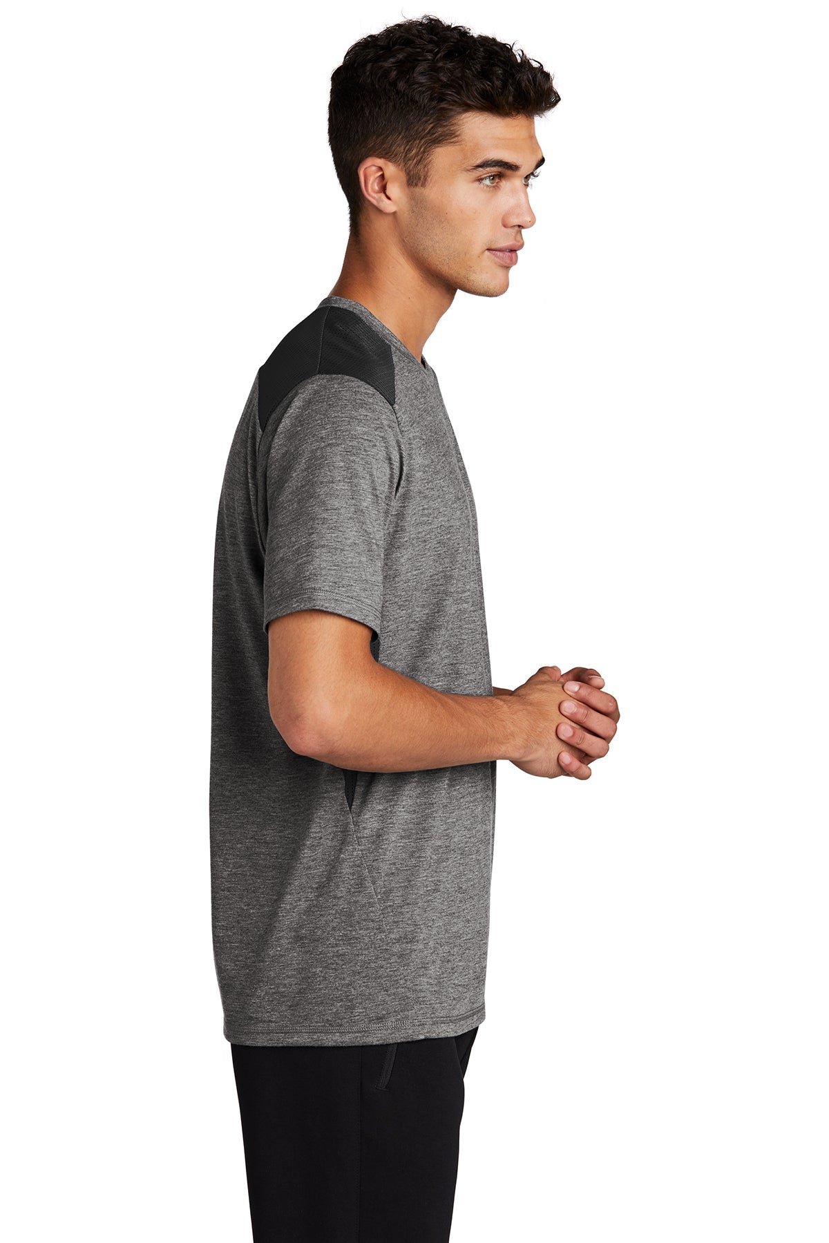sport-tek posicharge tri-blend wicking draft tee st410 black/ darkgrey heather