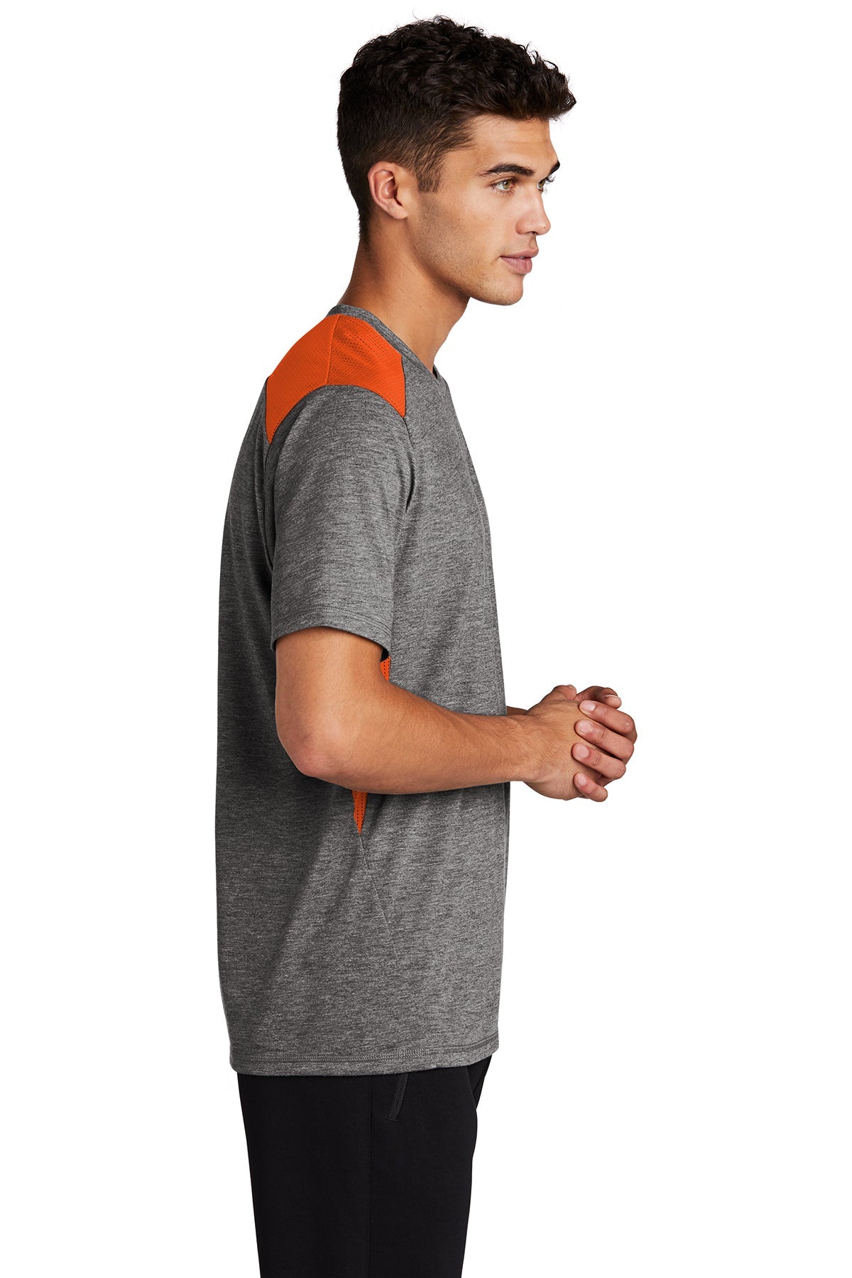 sport-tek posicharge tri-blend wicking draft tee st410 deep orange/dark grey heather