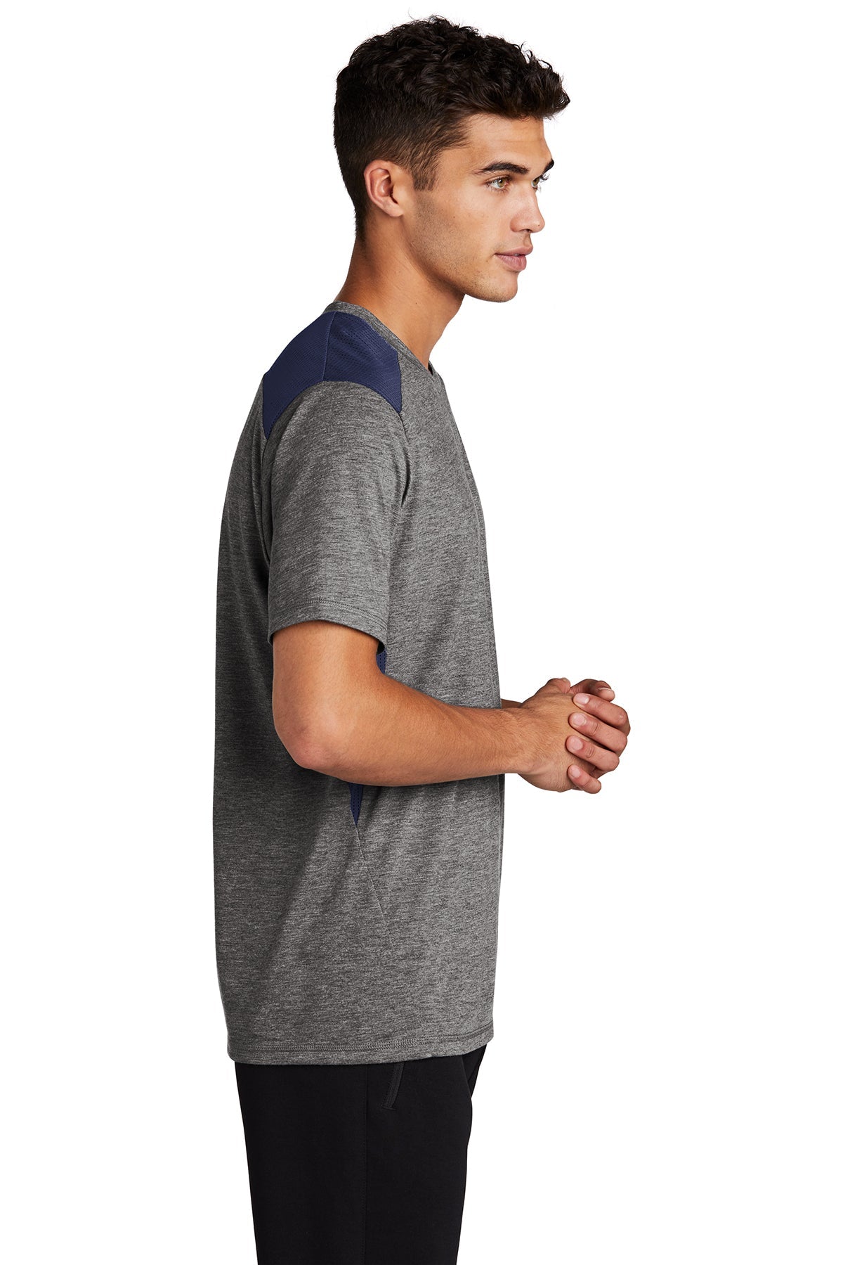 sport-tek posicharge tri-blend wicking draft tee st410 true navy/dark grey heather
