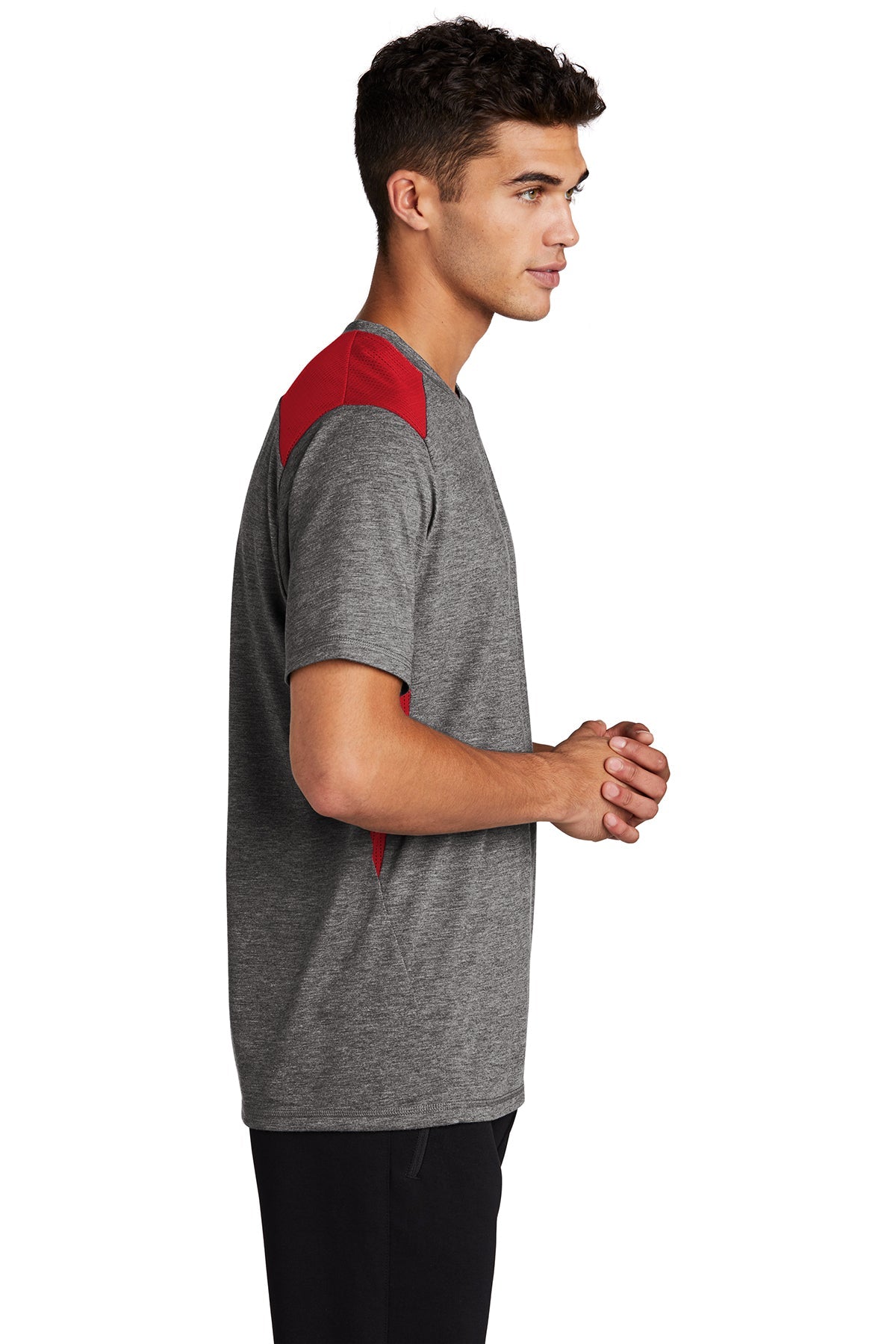 sport-tek posicharge tri-blend wicking draft tee st410 true red/dark grey heather