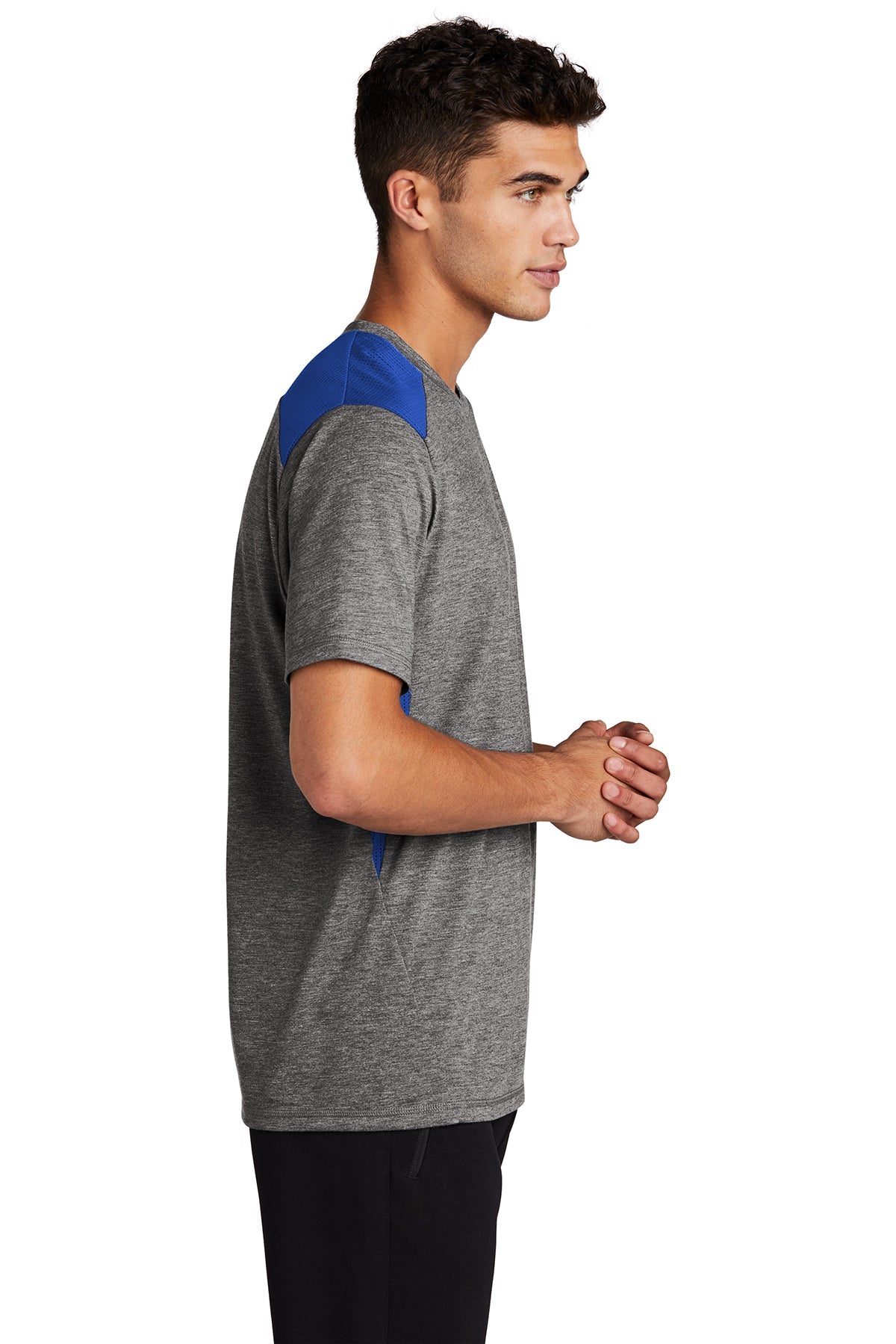 sport-tek posicharge tri-blend wicking draft tee st410 true royal/dark grey heather