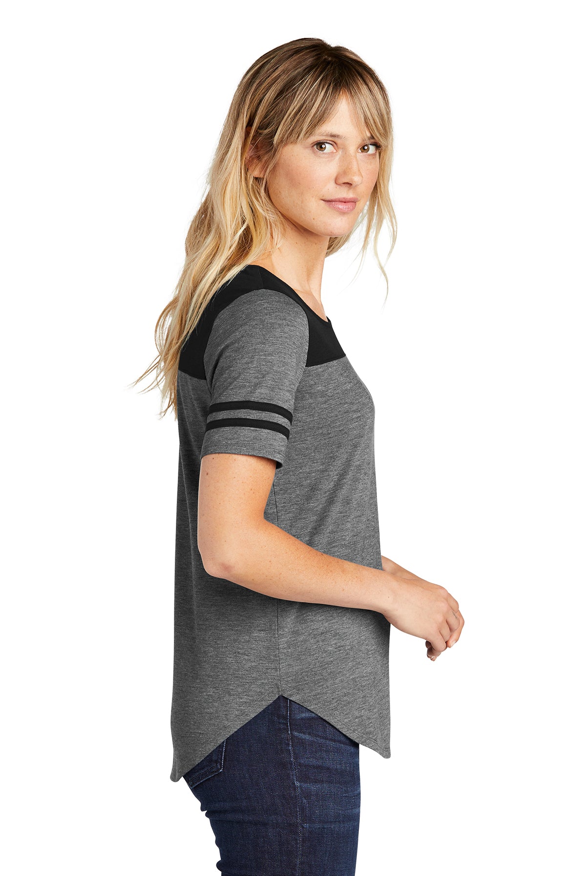 sport-tek ladies posicharge tri-blend wicking fan tee lst403 black triadsolid/ dark grey heather