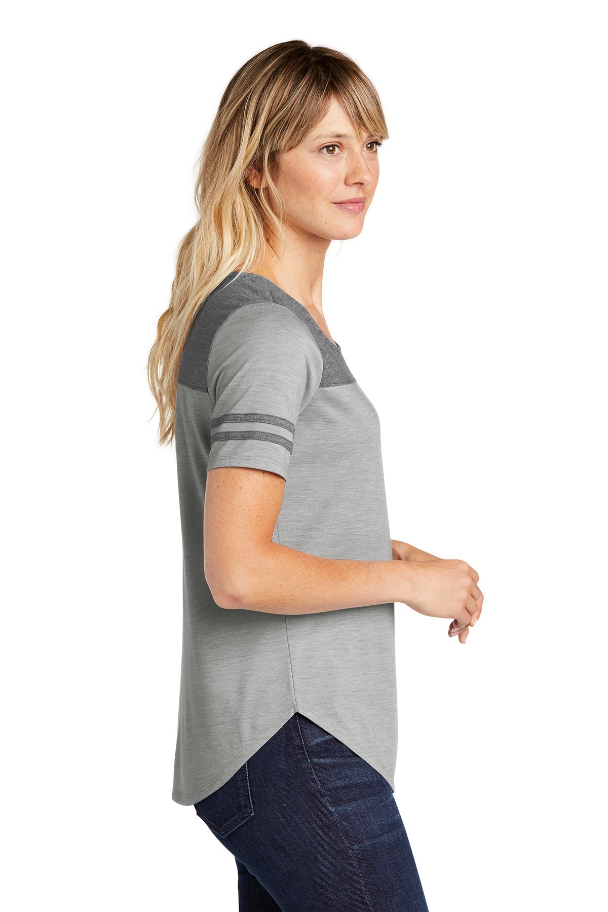 sport-tek ladies posicharge tri-blend wicking fan tee lst403 dark greyheather/ light grey heather