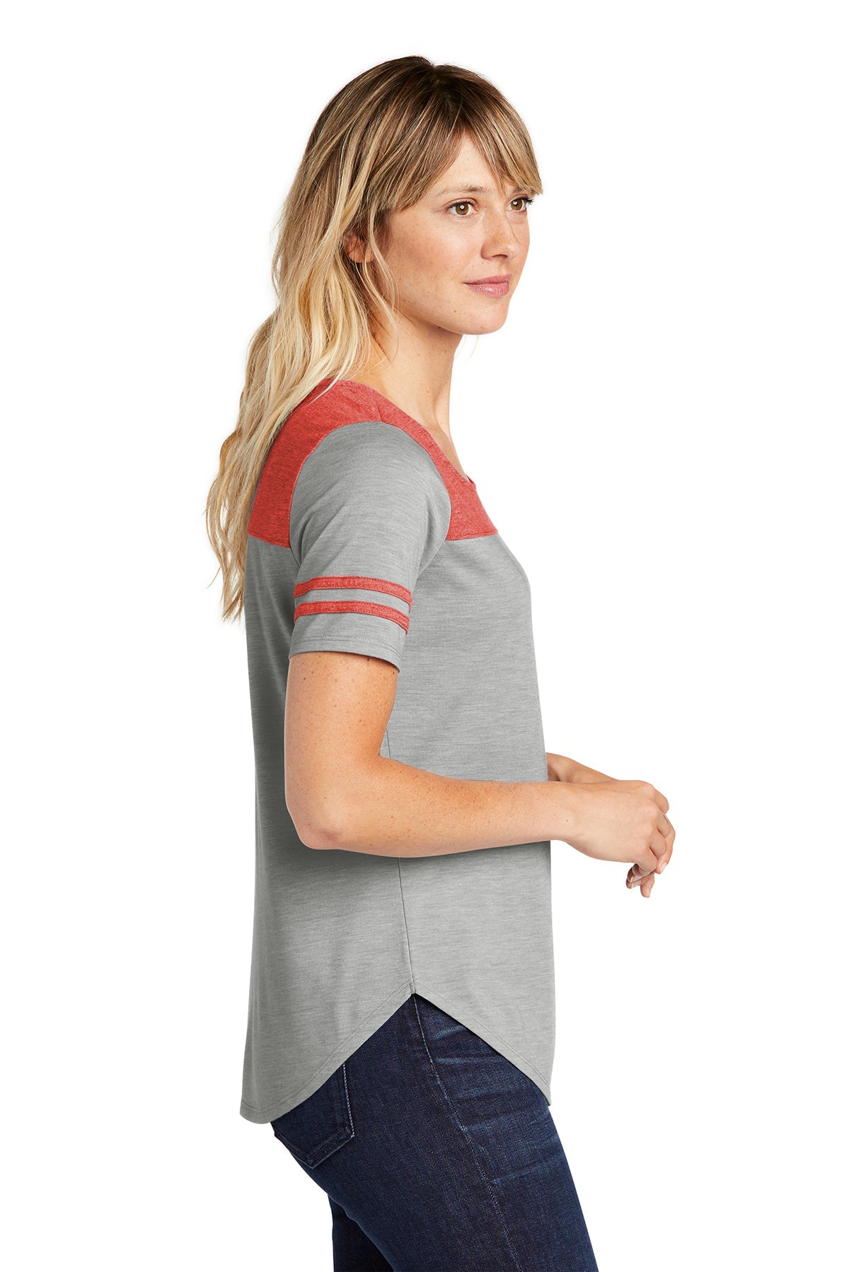 sport-tek ladies posicharge tri-blend wicking fan tee lst403 true redheather/ light grey heather