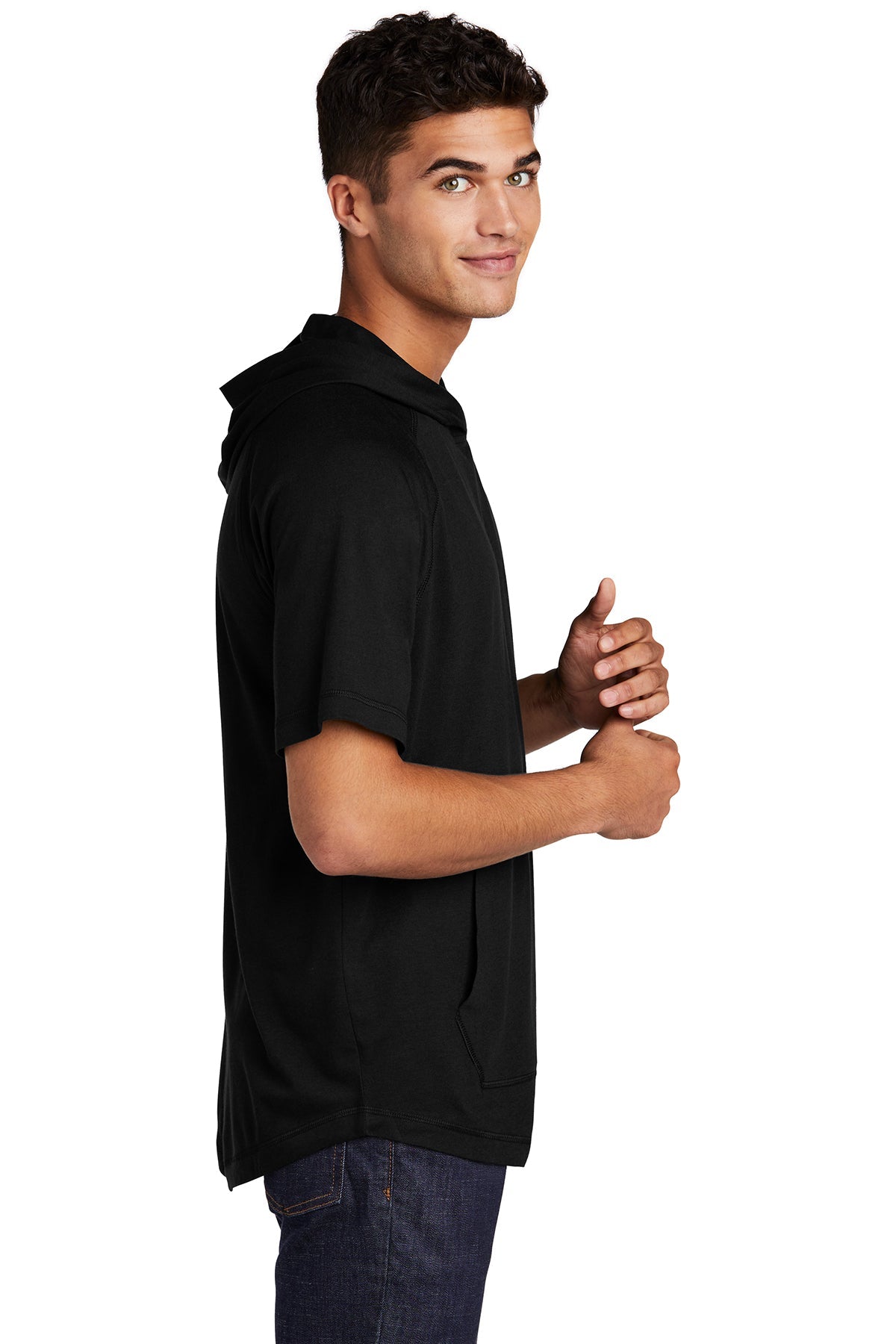 Sport-Tek PosiCharge Tri-Blend Wicking Short Sleeve Hoodie ST404 Black Triad Solid