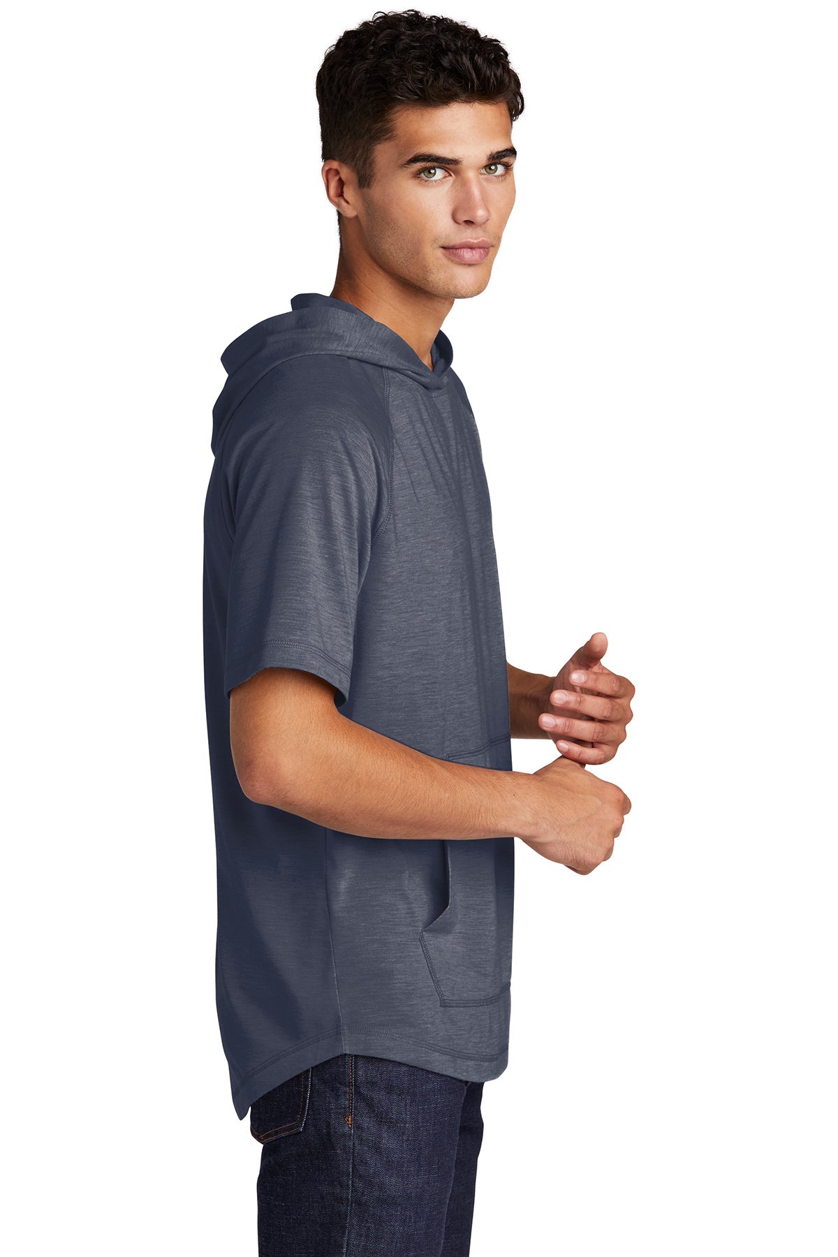 Sport-Tek PosiCharge Tri-Blend Wicking Short Sleeve Hoodie ST404 True Navy Heather