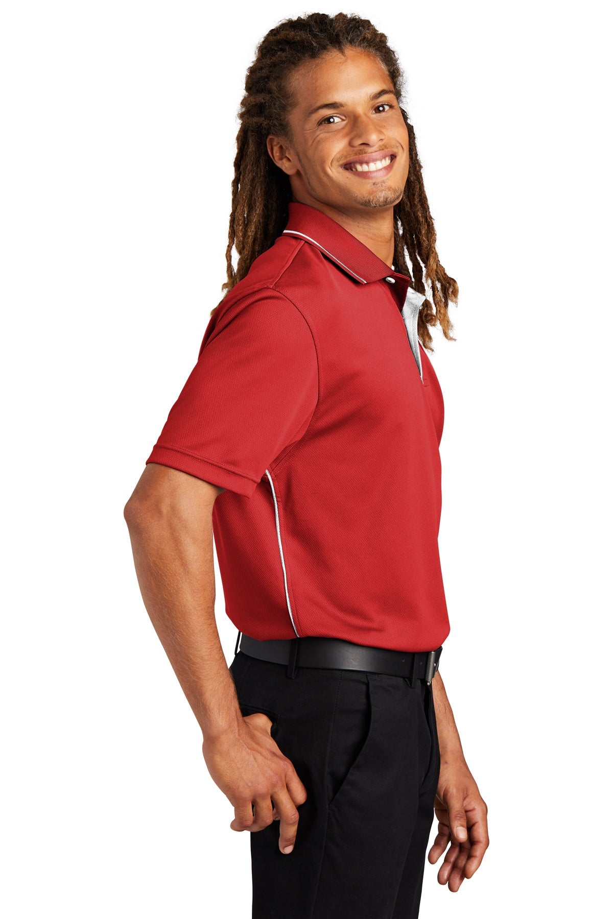Sport-Tek Dri-Mesh Custom Polos with Tipped Collar and Piping, Red/White