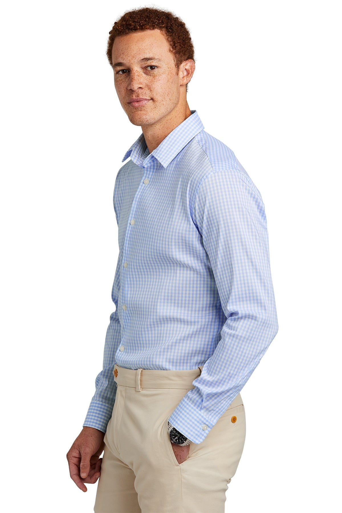 Brooks Brothers Tech Stretch Patterned Shirt, Newport Blue/ Pearl Pink Fine Check