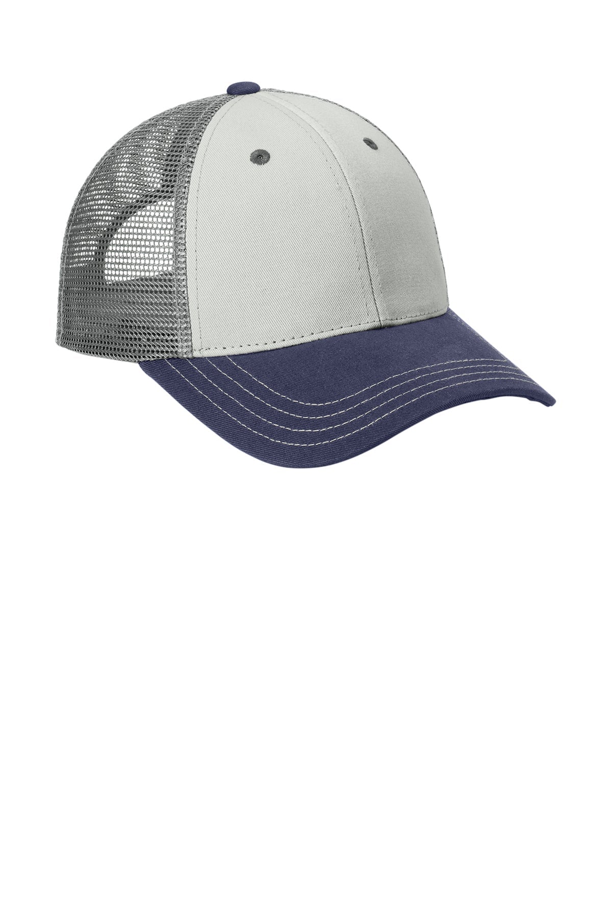 District Tri-Tone Mesh Back Caps, Chrome/New Navy/Charcoal