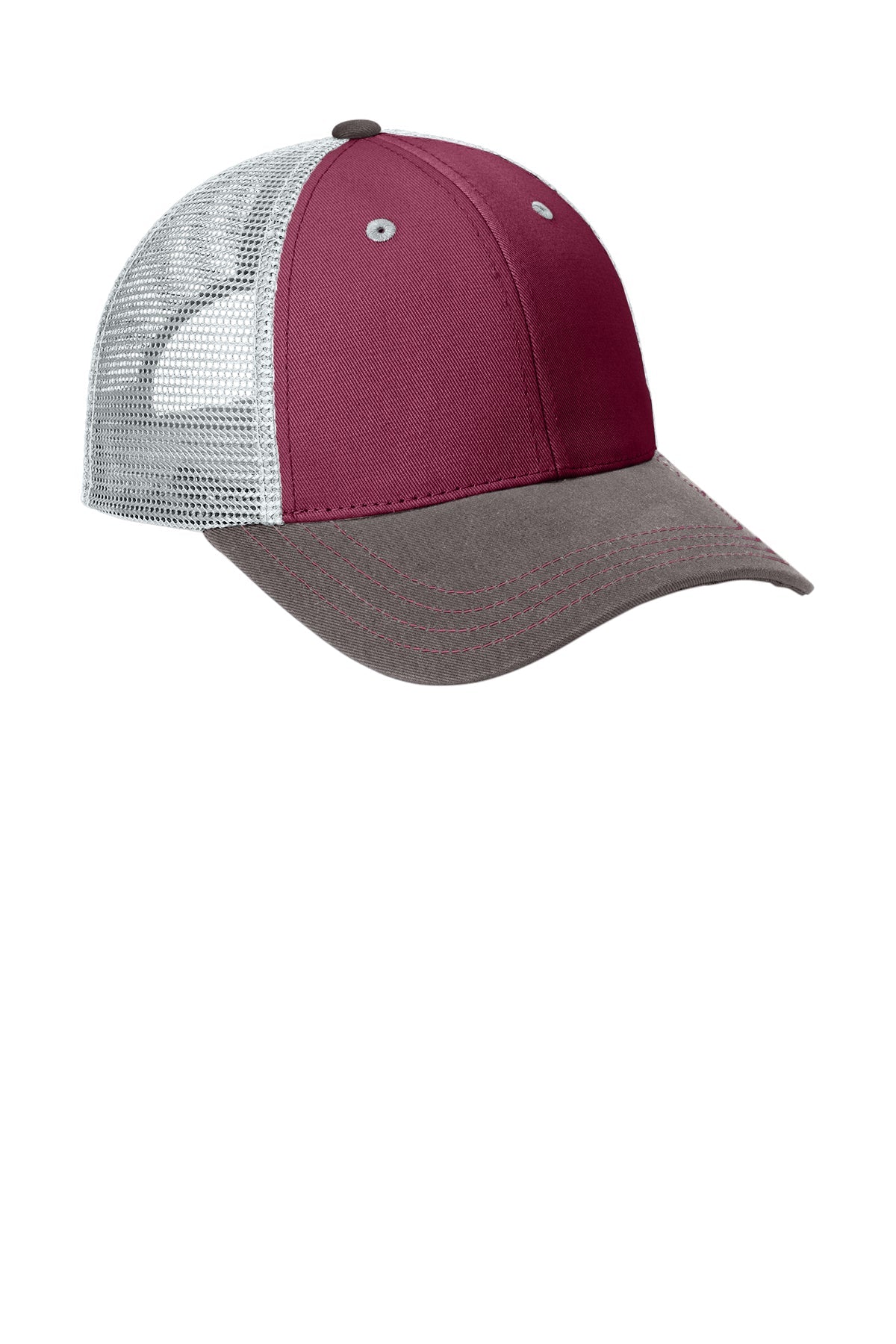District Tri-Tone Mesh Back Caps, Maroon/Charcoal/Grey