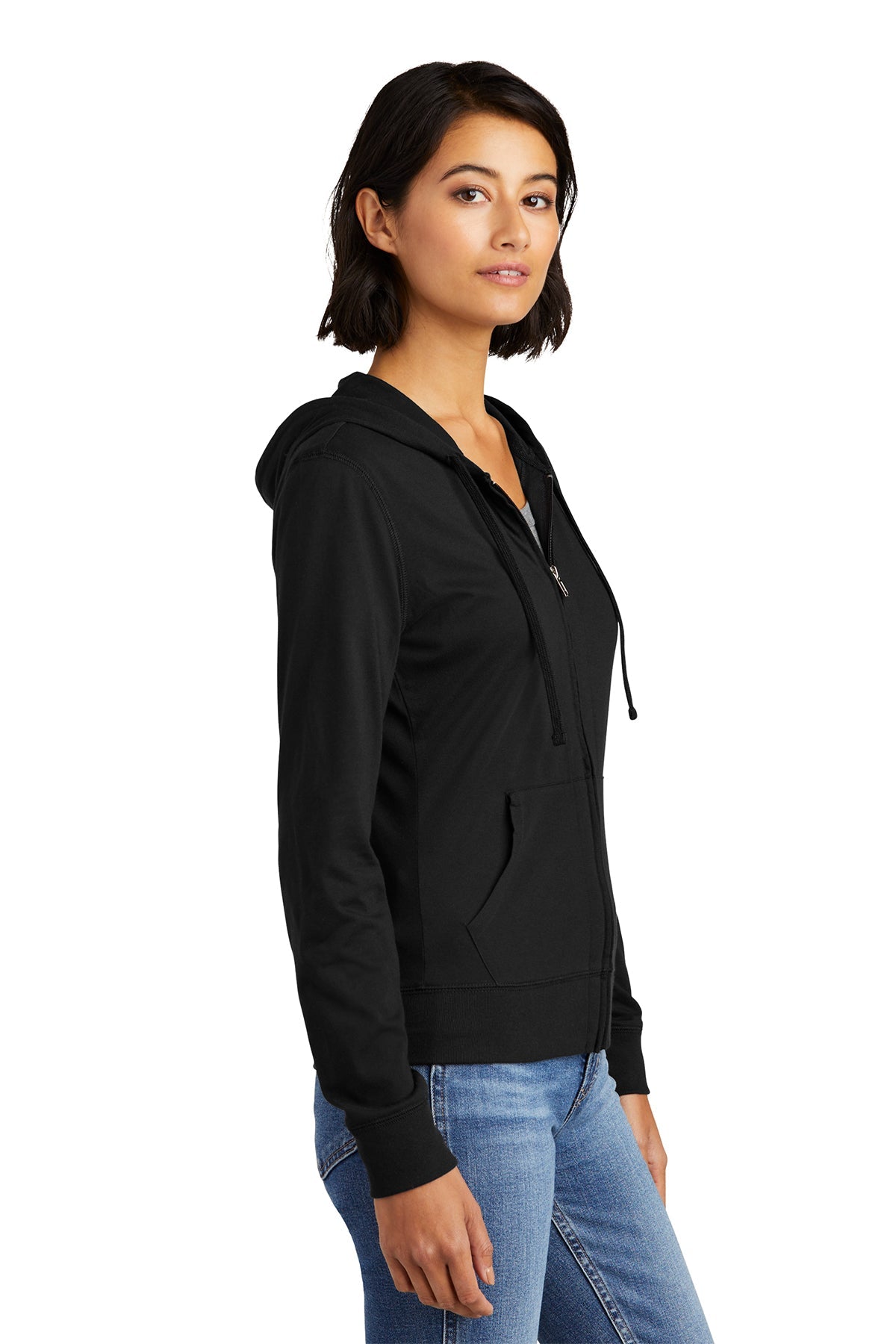 District Ladies Juniors Jersey Full-Zip Hoodies, Black [Adam Equipment]
