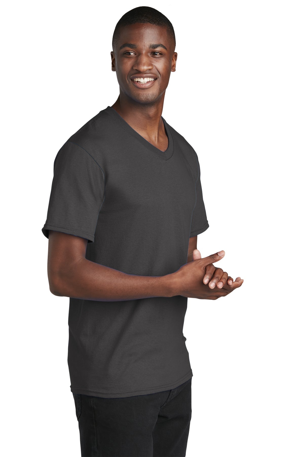 Port & Company Core Cotton Branded V-Neck Tee's, Charcoal