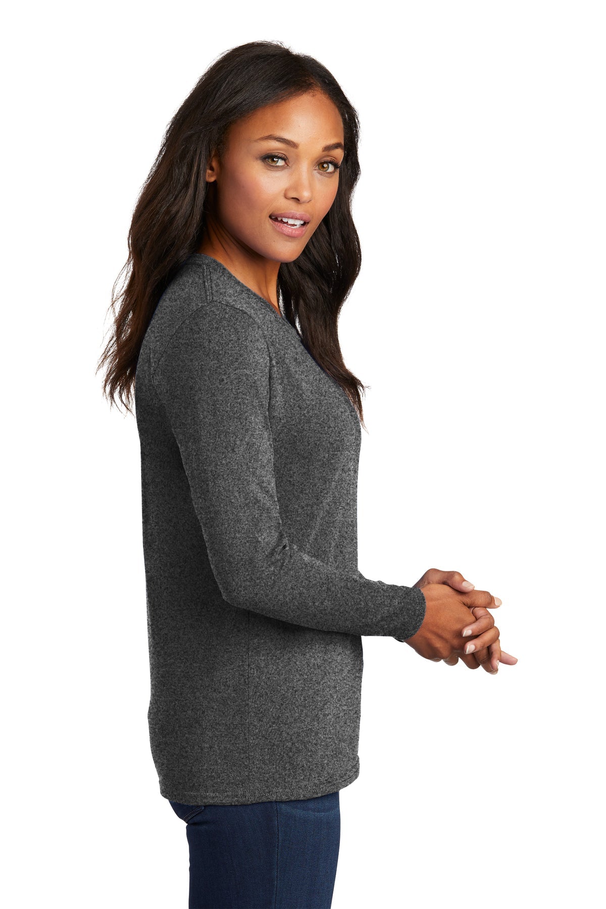 Port & Company Ladies Long Sleeve Branded Core Cotton Tee's, Dark Heather Grey [TruNorthern]