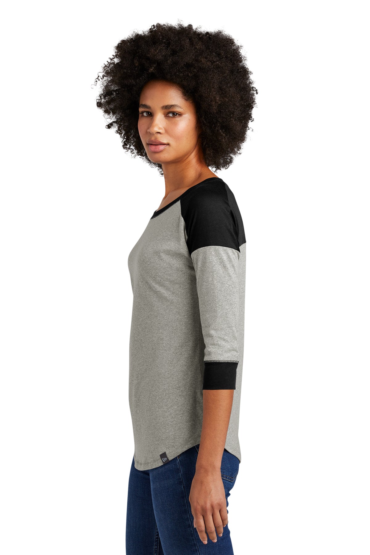 New Era Ladies Heritage Blend 3/4-Sleeve Baseball Printed Tee's, Black/ Rainstorm Grey Heather