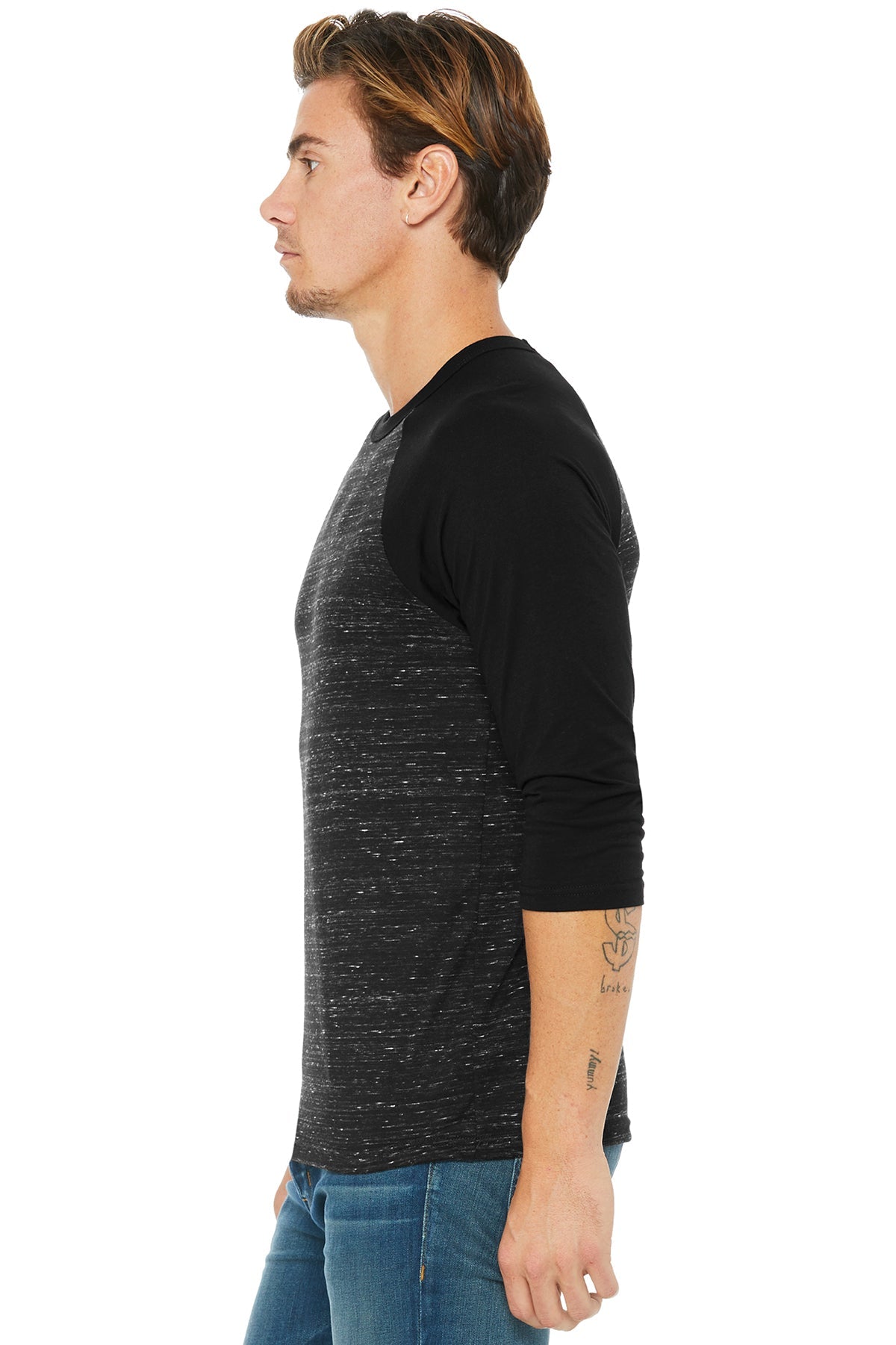 bella + canvas unisex 3/4-sleeve baseball t-shirt 3200 blck mrble/ blck