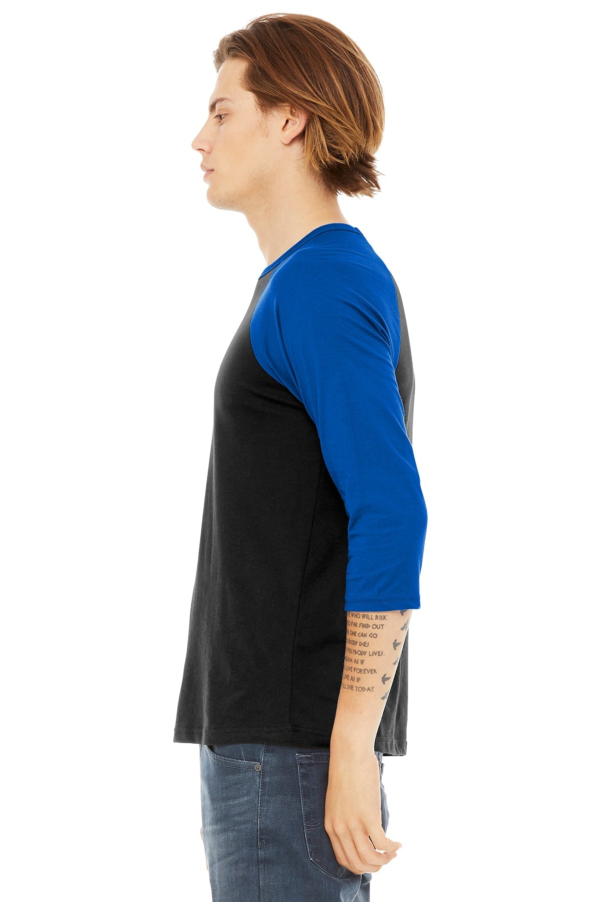bella + canvas unisex 3/4-sleeve baseball t-shirt 3200 black/ true royl