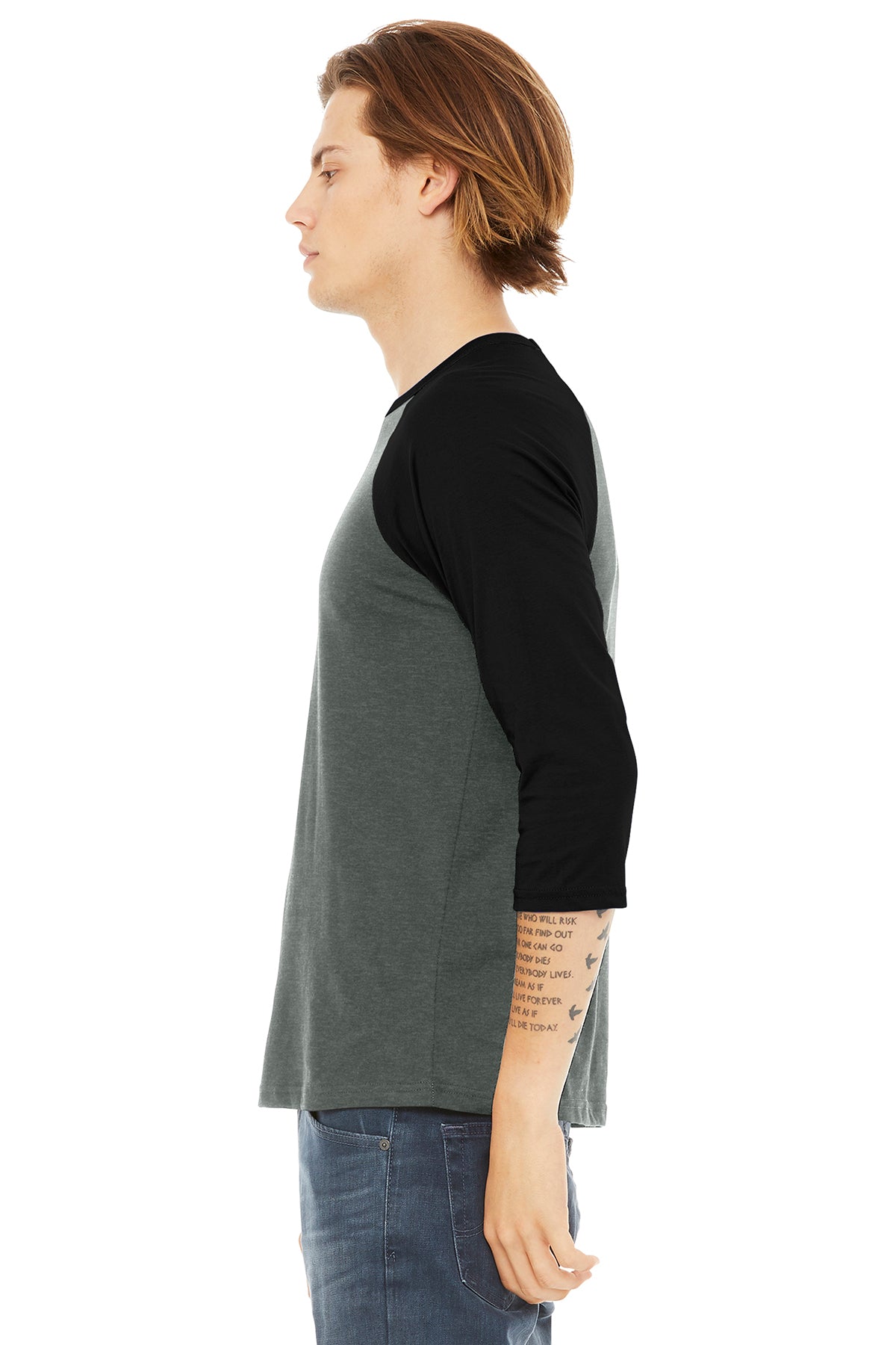 bella + canvas unisex 3/4-sleeve baseball t-shirt 3200 deep heathr/ blk